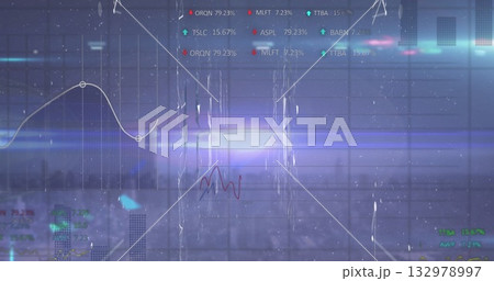 displaying chart at office window, with grid, white and red line graphs, ticker, blurred skyline displaying chart at office window, with grid, white and red line graphs, ticker, blurred skyline 132978997