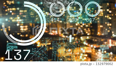Displaying data overlay at nighttime skyline, with circular gauges, code, numbers and node diagram Displaying data overlay at nighttime skyline, with circular gauges, code, numbers and node diagram 132979002