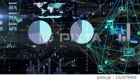 Displaying data overlay at nighttime urban highway showing pie charts, world map and percent labels 132979008