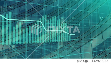 Displaying bar chart showing teal bars and white line plot on digital screen, with circular marker Displaying bar chart showing teal bars and white line plot on digital screen, with circular marker 132979022