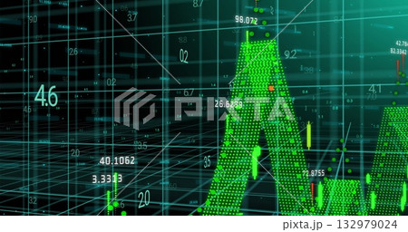 Displaying green 3D bar peak rising in interface, with teal grid matrix, data labels, copy space Displaying green 3D bar peak rising in interface, with teal grid matrix, data labels, copy space 132979024