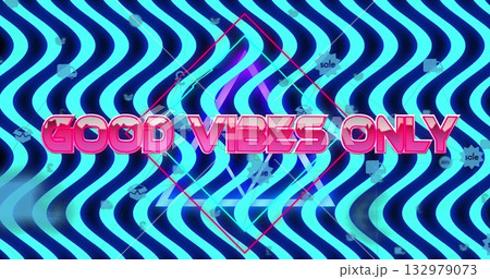 Animating neon 'GOOD VIBES ONLY' text over cyan waves with red diamond, sale, chat, package icons 132979073