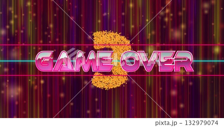 Displaying neon pink GAME OVER text over golden particles in digital scene with magenta cyan lines Displaying neon pink GAME OVER text over golden particles in digital scene with magenta cyan lines 132979074