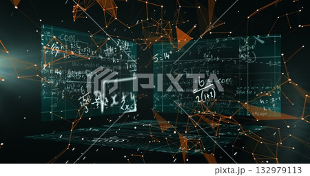 Floating translucent panel showcasing equations in virtual space, with orange polygonal network 132979113
