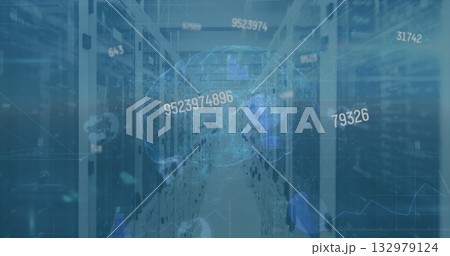 Displaying holographic brain projection hovering in data center aisle, with server racks 132979124