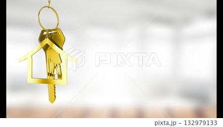 Displaying gold house keychain holding keys and chain in bright empty living room, copy space Displaying gold house keychain holding keys and chain in bright empty living room, copy space 132979133