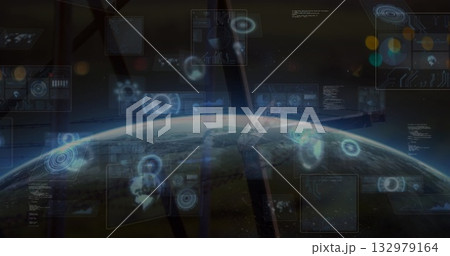 Displaying Earth horizon through station window, with holographic UI charts and structural beams Displaying Earth horizon through station window, with holographic UI charts and structural beams 132979164