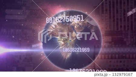 Digital globe rotating in virtual interface, with numeric IDs, purple beam and grid-code overlays 132979167