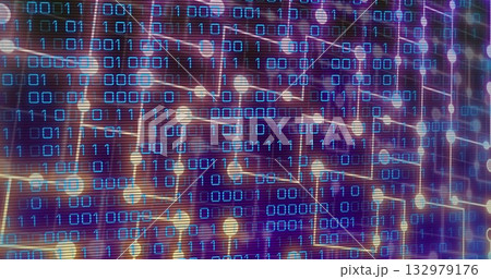 Streaming digital network unfolding on dark purple background, with binary code and glowing nodes 132979176