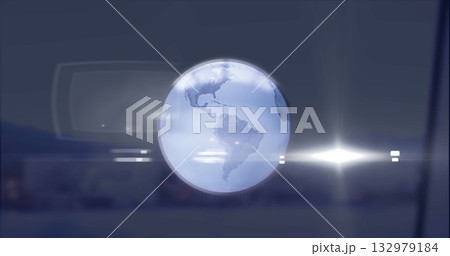 Floating globe showing American continents in digital display, with light flares and UI shapes 132979184