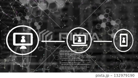 Linking white laptop icon in network, with desktop and phone icons lines nodes hex patterns code 132979190
