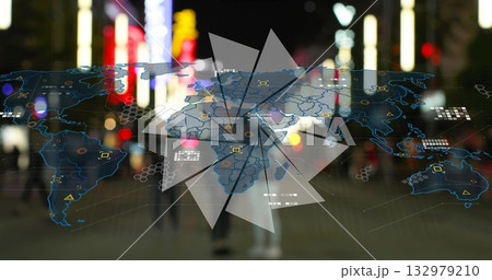 Floating holographic world map projecting data icons over blurred nighttime urban street, neon glow Floating holographic world map projecting data icons over blurred nighttime urban street, neon glow 132979210