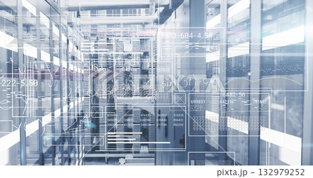 Displaying server racks flashing code overlays under LED lights with patch cables in server room Displaying server racks flashing code overlays under LED lights with patch cables in server room 132979252