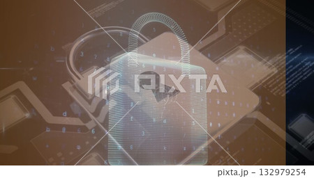 Displaying 3D padlock revealing brain silhouette on circuit board paths with floating code elements 132979254