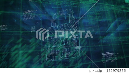 Showing stylized circuit-board padlock icon floating in digital interface, with green code streams Showing stylized circuit-board padlock icon floating in digital interface, with green code streams 132979256
