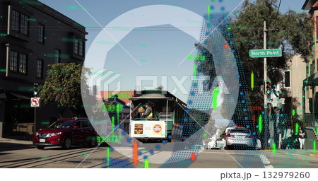 Climbing historic cable car with conductor moving up urban hill street, with data-overlay readings 132979260