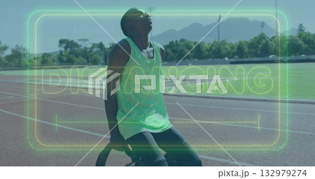 Sitting teen wearing neon green top breathing on ring at track beside turf, with DISTANCING overlay Sitting teen wearing neon green top breathing on ring at track beside turf, with DISTANCING overlay 132979274