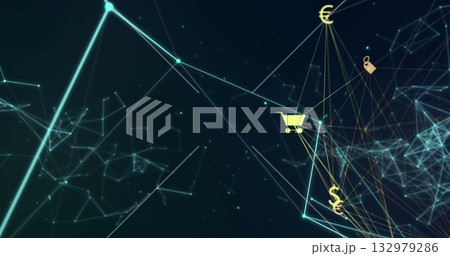 Shopping cart, euro symbols, padlock icons forming glowing network in navy cyberspace, copy space 132979286