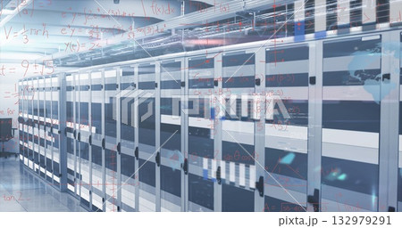 Displaying rack servers in data center corridor, showing glass doors, cable trays, cooling tiles 132979291