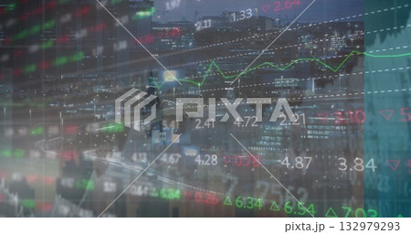 Financial data glowing over city highways at night, with green line graph, data indicators, values 132979293