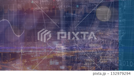 Displaying nighttime urban skyline with highway light trails, showing purple-blue data overlays Displaying nighttime urban skyline with highway light trails, showing purple-blue data overlays 132979294