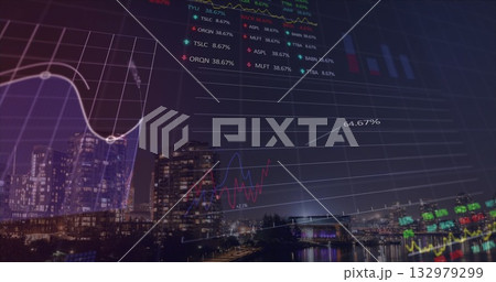 Displaying financial data flowing over waterfront at night, with line graphs bar charts and tickers Displaying financial data flowing over waterfront at night, with line graphs bar charts and tickers 132979299