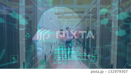 Wireframe head hovering in data center with technicians pointing at server racks, copy space Wireframe head hovering in data center with technicians pointing at server racks, copy space 132979307