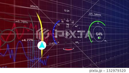 Displaying circular speedometer gauge reading 76 km or h on virtual HUD, with battery gauge icon Displaying circular speedometer gauge reading 76 km or h on virtual HUD, with battery gauge icon 132979320