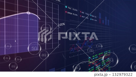 Floating large translucent 5G sphere in virtual workspace, showing 6G orbs, line graphs and ticker 132979322