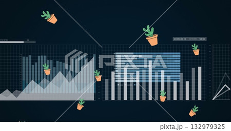 Showing interface featuring area, bar, and line charts on computer dashboard with cactus icons 132979325