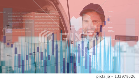 Smiling man wearing navy cap beside cargo van door in parking lot with financial chart overlay Smiling man wearing navy cap beside cargo van door in parking lot with financial chart overlay 132979326
