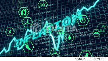 Displaying glowing turquoise CLIMATE RISK letters and chart on dashboard, hex icons and code Displaying glowing turquoise CLIMATE RISK letters and chart on dashboard, hex icons and code 132979336