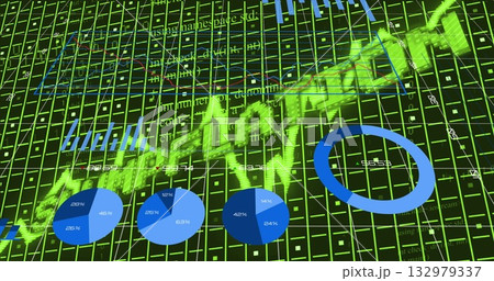 Neon-green upward line rising in dashboard interface, with wireframe grid and blue pie charts 132979337