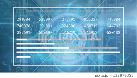Displaying translucent panel showing numeric bar charts in server room with circular overlay Displaying translucent panel showing numeric bar charts in server room with circular overlay 132979353