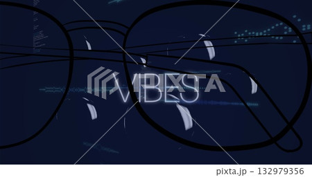 Displaying neon-white VIBES text over digital layout with black glasses, teal waveforms, blue dots 132979356