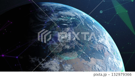 Displaying planet Earth glowing in outer space, with neon network nodes, lines and geometric shapes Displaying planet Earth glowing in outer space, with neon network nodes, lines and geometric shapes 132979366