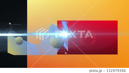 Displaying bright lens flare beam over abstract graphic, featuring wave form and matte spheres 132979388