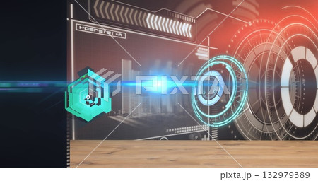 Displaying holographic interface over wooden tabletop in control station, with hexagonal icons 132979389