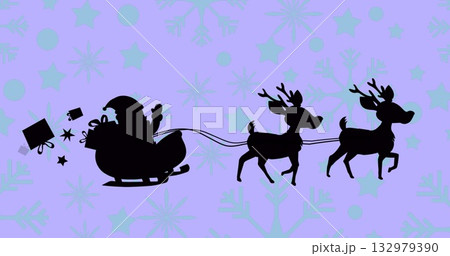 Gliding Santa figure guiding reindeer pulling sleigh across purple snowflake sky, tumbling gifts 132979390