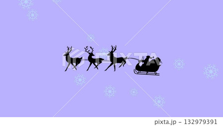 Flying Santa in coat and hat pulling three reindeer harnessed to sleigh across violet night sky 132979391