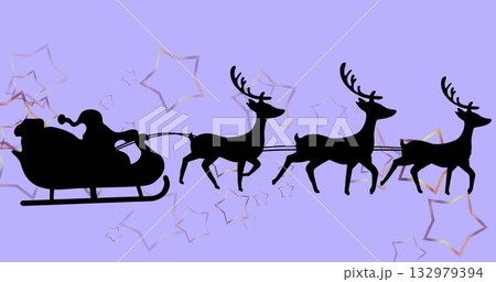 Santa Claus wearing pointed hat gliding in purple backdrop with sleigh reins, four reindeer, stars Santa Claus wearing pointed hat gliding in purple backdrop with sleigh reins, four reindeer, stars 132979394