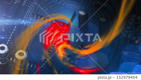 Swirling vortex of red-orange light beams twisting through digital circuitry capacitors microchips 132979404