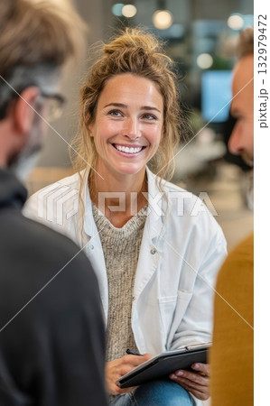 Smiling doctor woman listening patients during consultation 132979472
