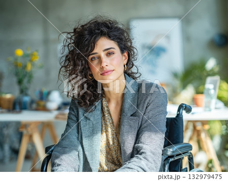 Professional woman sitting in wheelchair looking at camera 132979475
