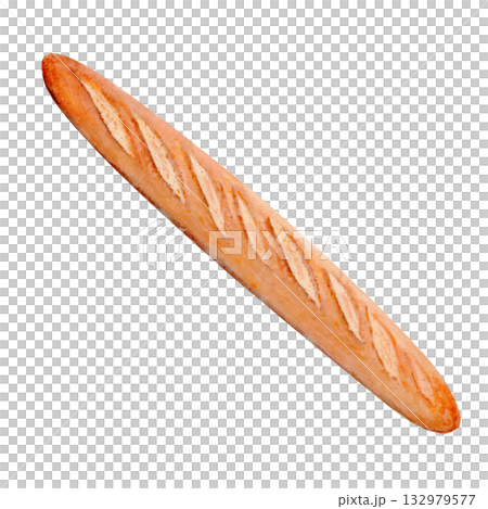 French baguette watercolor illustration isolated on white. Perfect for bakery branding, menu design, packaging, recipe books, posters, kitchen prints. Hand painted food clipart with warm natural tones 132979577