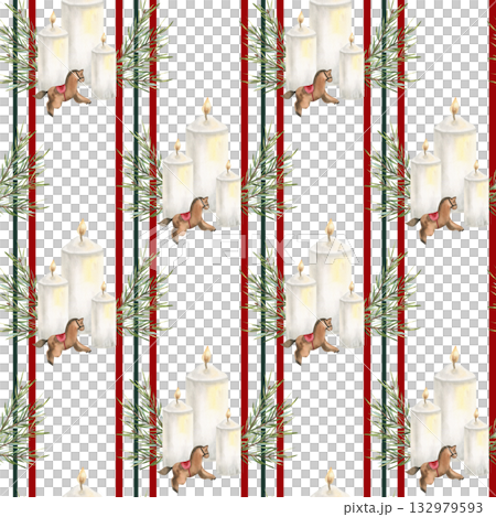 Christmas festive white candles with spruce branches and wooden horse toy watercolor seamless pattern on red and green stripes. New year clipart for celebration and gift packing design Christmas festive white candles with spruce branches and wooden horse toy watercolor seamless pattern on red and green stripes. New year clipart for celebration and gift packing design 132979593