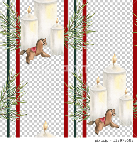 Christmas holly watercolor seamless pattern with festive white candles decor with spruce branches and wooden vintage toy illustration. New year geometric background with cozy wax light for celebration Christmas holly watercolor seamless pattern with festive white candles decor with spruce branches and wooden vintage toy illustration. New year geometric background with cozy wax light for celebration 132979595