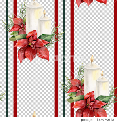 Christmas floral seamless pattern with watercolor white candles,red poinsettia flowers and geometric elements. Hand drawn New year background with winter Christian home decor for festive textile Christmas floral seamless pattern with watercolor white candles,red poinsettia flowers and geometric elements. Hand drawn New year background with winter Christian home decor for festive textile 132979618