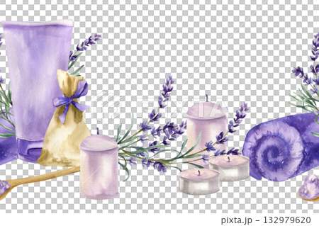 Spa body and skin care seamless border with watercolor lavender flowers, cream tube, herb sachet bag, candles and bath salt illustration. Women wellness set with hygiene objects for packing design. 132979620