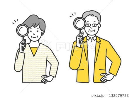 虫眼鏡を持つシニア男女のイラスト素材 虫眼鏡を持つシニア男女のイラスト素材 132979728